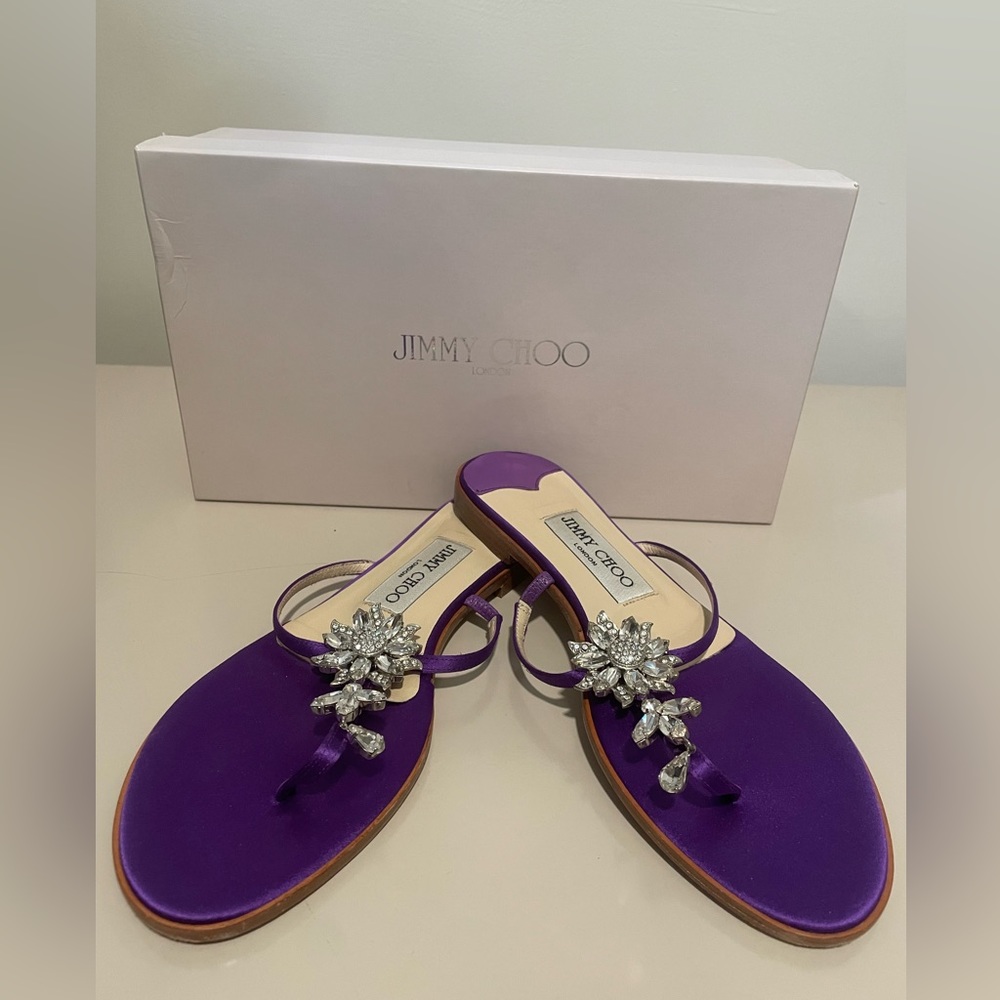 JIMMY CHOO purple satin sandals with crystal flowers size 37